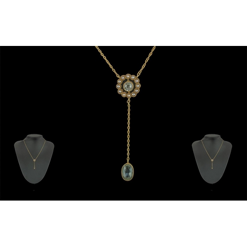 58 - Art Nouveau - Pleasing Design Ladies 9ct Gold Seed Pearl and Blue Topaz Set Necklace with Drop, Mark... 