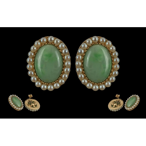 59 - Ladies - Good Quality 18ct Gold Pair of Impressive Jade and Pearl Set Earrings of Large Size. Not Ma... 