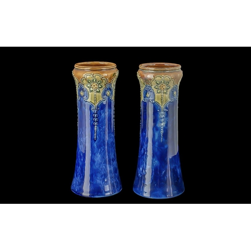 590 - Pair of Antique Doulton Lambeth Stoneware Vases, 11'' tall.  Dark blue glazed with brown and amber d... 