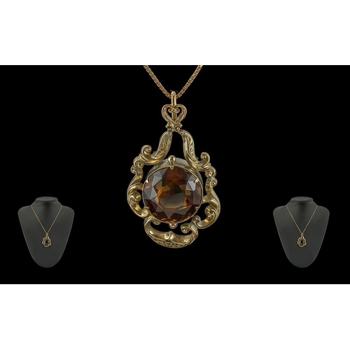 62 - Antique Period Ladies 9ct Gold Open Worked Single Stone Tourmaline Set Ornate Pendant, Attached to a... 