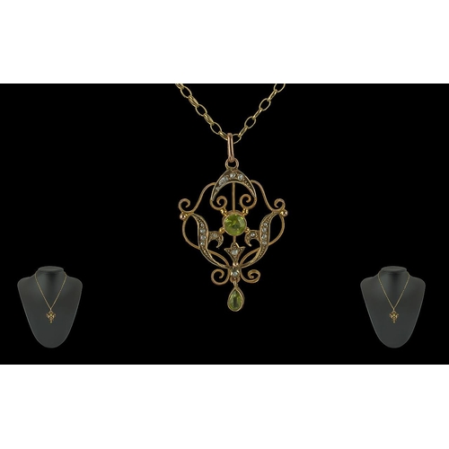 65A - Antique Period Ladies 9ct Gold Peridot and Seed Pearl Set Open Worked Pendant Attached to a 9ct Gold... 