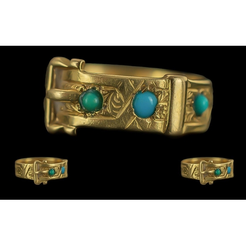 67A - Victorian Period 1837 - 1901 Ladies 18ct Buckle Ring, Set with Turquoise Stones and Ornate Shank. Fu... 