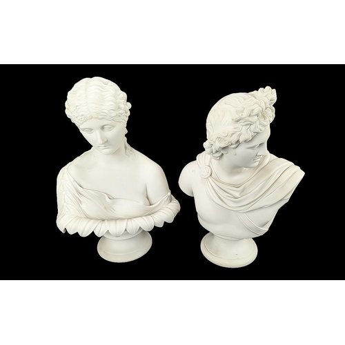 715 - Two Alabaster Busts, depicting a young man and a young woman, approx 12'' high.