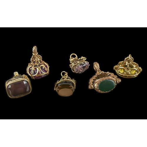 77 - A Small Collection of 9ct Gold Hardstone Gems Set Fobs, Some Antique and Vintage ( 6 ) In Total. Not... 