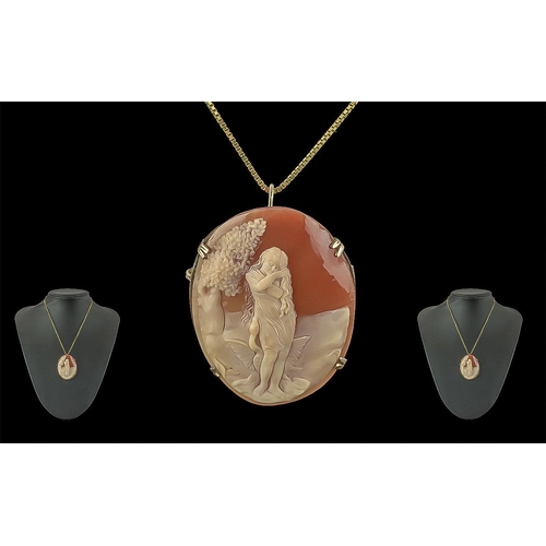 78 - Antique Period Pleasing Quality 9ct Gold Mounted Shell Cameo Pendant / Brooch of Oval Form. With Wel... 