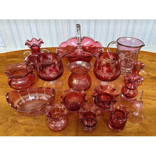 780 - Box of Cranberry Glass, includes fruit bowls, jug, vases, bell, brandy balloons, sweet dish, etc.