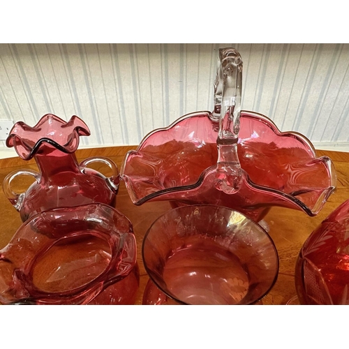 780 - Box of Cranberry Glass, includes fruit bowls, jug, vases, bell, brandy balloons, sweet dish, etc.