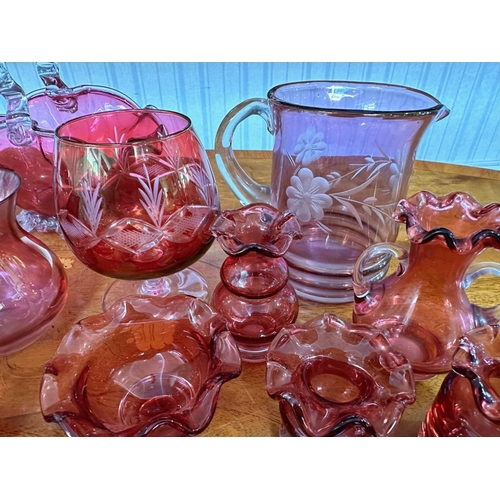 780 - Box of Cranberry Glass, includes fruit bowls, jug, vases, bell, brandy balloons, sweet dish, etc.