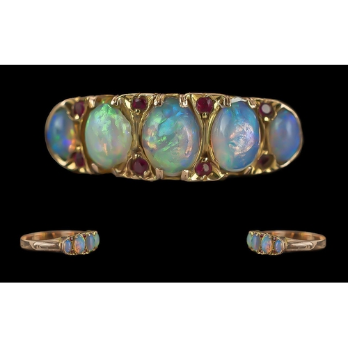 80 - Antique Period Ladies 18ct Gold Opal and Ruby Set Ring with raised openwork setting, not marked, tes... 