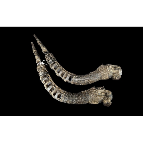 818 - Pair of Benin Bronze Tusks, the base with an image of Oba, geometric design with mythical beasts sur... 