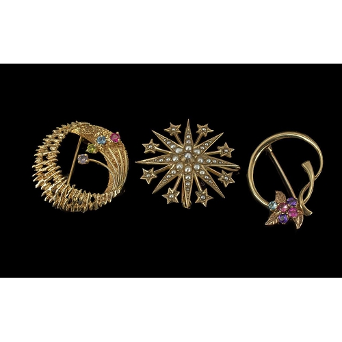 84 - Fine Trio of Gem Set 9ct Gold Small Brooches, marked 9.375 and 10ct, all in superb condition, compri... 