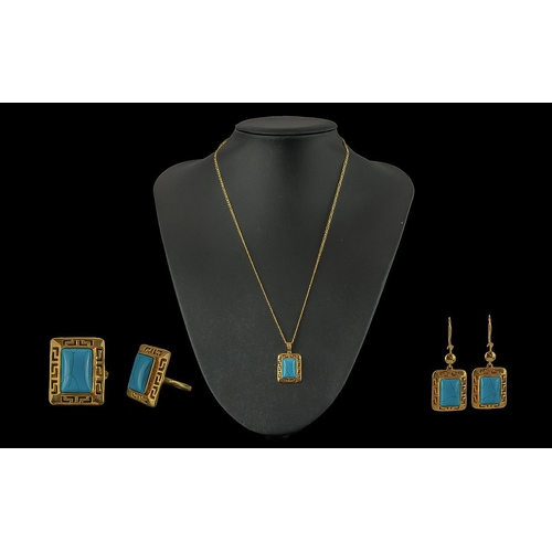 88 - Ladies Fine Quality 21ct Gold - Hand Crafted Suite of Jewellery, Set with Turquoise Stones. Comprise... 