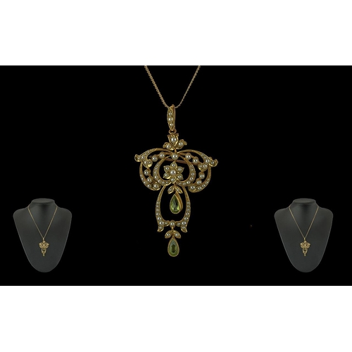 9 - Victorian Period 1837 - 1901 Ladies Superb 15ct Gold Openwork Pendant Set with Seed Pearls and Perid... 