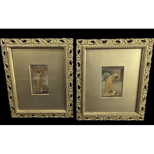 916 - Two Framed Vintage Pictures, one of an elegant lady and one of a young lady with puppies.  Mounted f... 