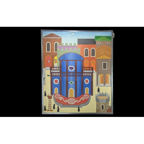 925 - Philip Castle Painting, large canvas in bright colours, city scape of roof tops.  Philip Castle is a... 