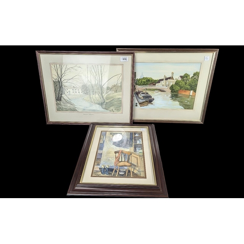 930 - Three Original Watercolours, all mounted, framed and glazed, canal scene by Alan Davies signed and d... 