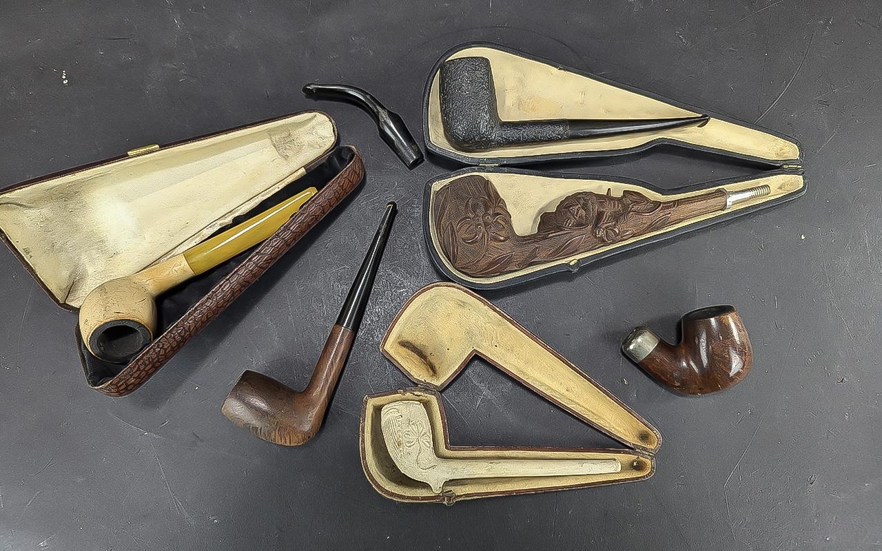 Bag Containing Six Smoking Pipes, three in boxes.