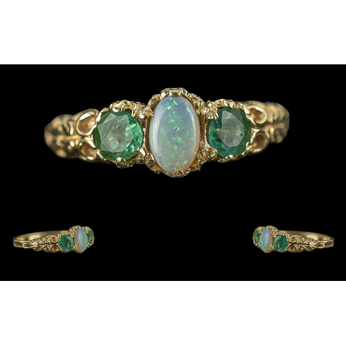 61 - Edwardian Period 1901 - 1910 Ladies Pleasing 14ct Gold Opal and Emerald Set Ring, Ornate Setting. Fu... 