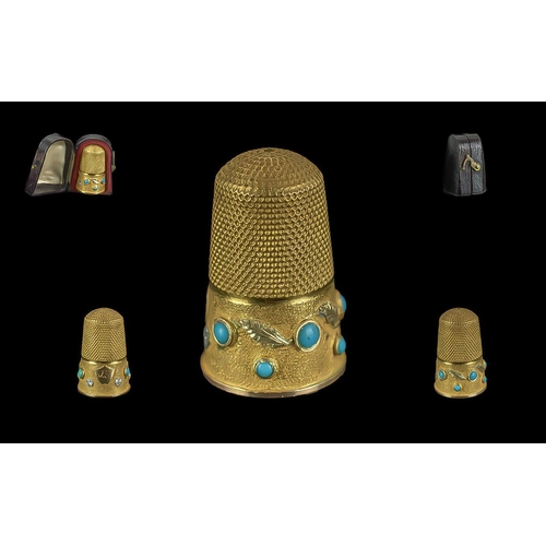 74 - Antique 18ct Gold Thimble Set With Turquoise In Fitted Case, Unmarked, Weight 4.1 grams