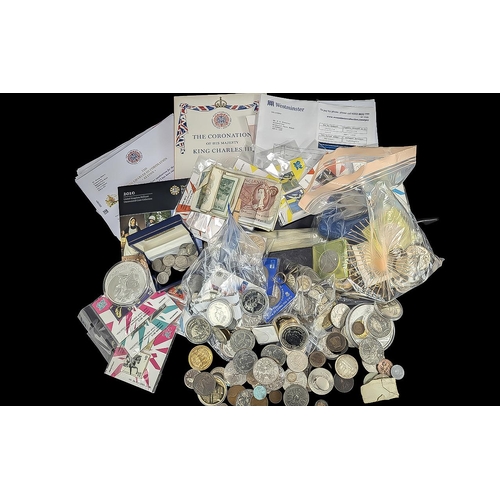 415 - Box of Assorted Collectible Coins & Old Banknotes, including Royal Mint coin sets, silver six pence ... 