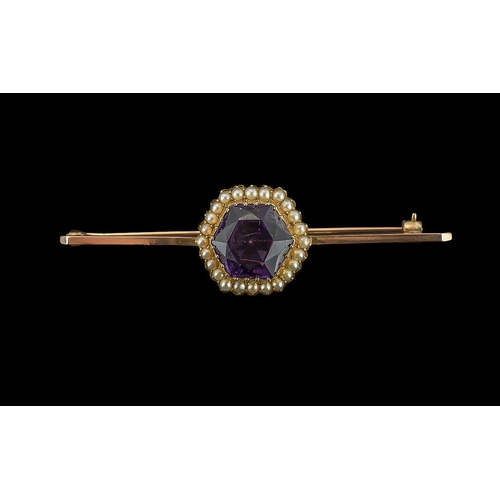 86A - Antique Period 15ct Gold Amethyst and Seed Pearl Set Brooch, Marked 15ct. The Large Faceted Amethyst... 