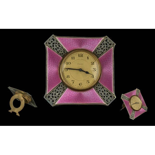 134 - Art Deco Period 1930s Superb Ladies Boudoir Sterling Silver and Pink Enamel Set 8 Day Table Clock wi... 