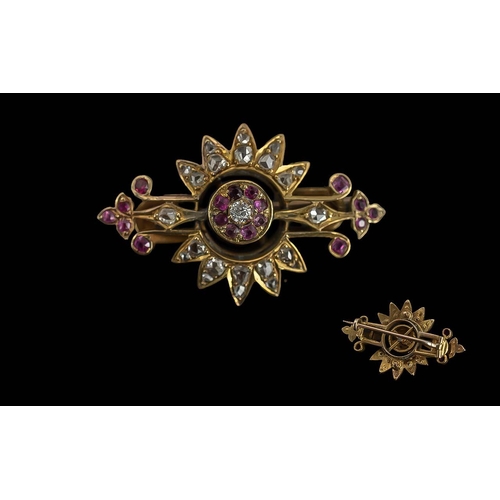 67A - Antique 15ct Gold Diamond & Ruby Set Brooch, weight 6.30 grams.