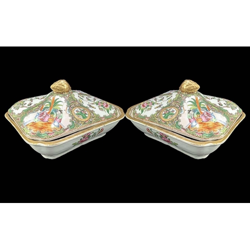 825 - Pair of Canton Famille Rose Serving Dishes, circa 1900, one chipped.  Measure 9.5'' x 8'' x 5''.