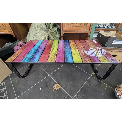 1036 - Glass Topped Black Metal Framed Coffee Table, multicoloured glass striped top.