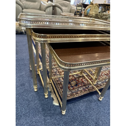 1037 - Nest of Three Tables 60's style, brown formica style top with raised filigree metal edging and metal... 