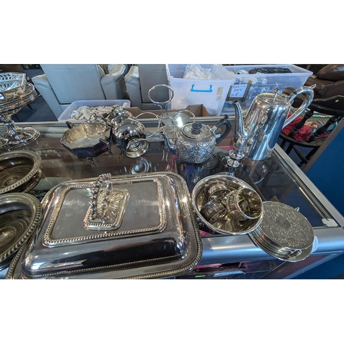 1240 - Two Large Boxes of Assorted Silver Plated Ware, including teapots, sugar bowls, milk jugs, serving d... 