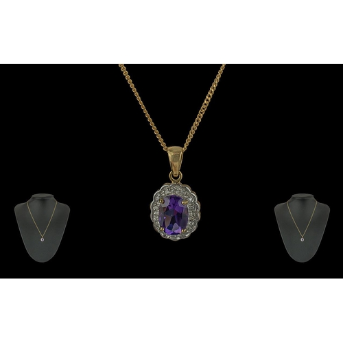 306 - Ladies 9ct Gold Diamond and Amethyst Pendant Drop with attached 9ct gold chain, marked 9.375, the am... 