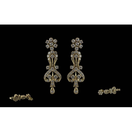 6A - Antique Pair of 12ct Gold Diamond Set Ladies Drop Earrings. Excellent Design / Form. The Small Diamo... 