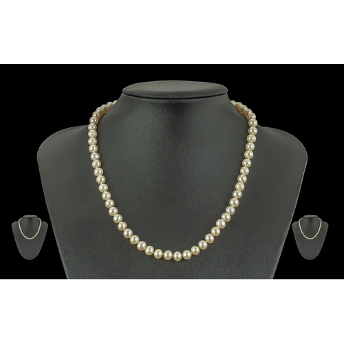 85 - Ladies - Single Strand Cultured Pearl Necklace with 9ct Gold Marked Clasp. The Well Matched Cultured... 