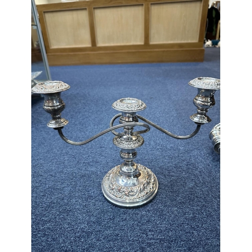 490 - Box of Silver Plate Ware & 925 Silver & Wooden Clock. Includes Candlestick holders etc.