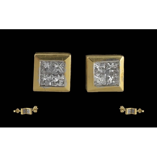 217 - 18ct Gold Princess Cut Diamond Earrings, weight 1.86 grams.