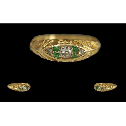 224 - Antique Period Ladies 18ct Gold Diamond and Emerald Set Ring, Pave Set / Ornate Shank. Full Hallmark... 