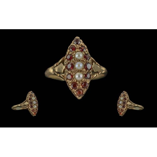 341 - Antique Period - Pleasing 9ct Gold Boat Shaped Pearl and Garnet Set Ring, Full Hallmark to Interior ... 