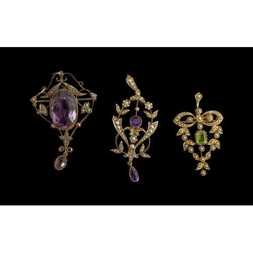 62 - Antique Period Fine Trio of Ladies - Exquisite 15ct and 9ct Gold Gem Set Pendants / Brooches of Plea... 