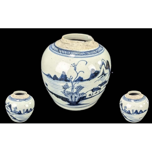 815 - Antique Chinese Blue & White Ginger Jar.  Depicts landscape scene.  Measures 6.5'' high.