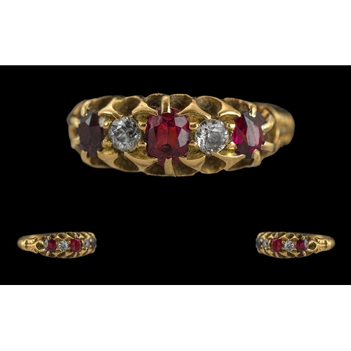 88 - Edwardian Period Ladies 18ct Gold 5 Stone Ruby and Diamond Set Ring, Raised Open worked Setting, Ful... 