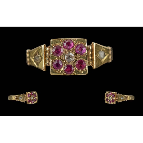 100A - Antique Period - Pleasing Petite 15ct Gold Ruby and Diamond Set Ring, Excellent Design / Form, Marke... 