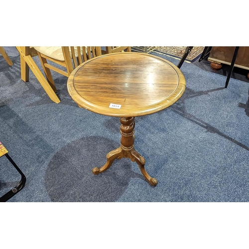 1034 - Mahogany Tripod Table, circular top, turned supports.