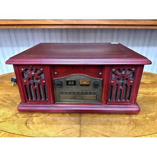 1044 - Retro Style Prolectrix Turntable, AM/FM Radio with CD and Cassette Player, mahogany coloured finish,... 