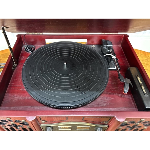 1044 - Retro Style Prolectrix Turntable, AM/FM Radio with CD and Cassette Player, mahogany coloured finish,... 