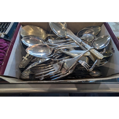 1241 - Box of Plated Ware, includes three large trays, together with a quantity of flat ware, some sets box... 