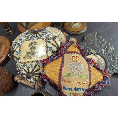 1303 - Box of Trench Art & Associated Items, comprising two British tanks mounted on wooden bases, model of... 