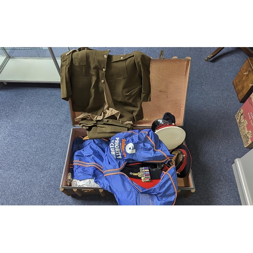 1306 - Large Wood Banded Suitcase containing formal military uniforms.