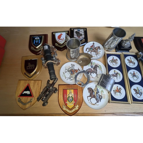 1307 - Box of Militaria, including Gulf 1991 Trophy, assorted hip flasks, tankards, military plates, cerami... 