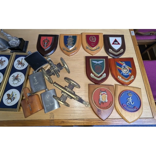 1307 - Box of Militaria, including Gulf 1991 Trophy, assorted hip flasks, tankards, military plates, cerami... 